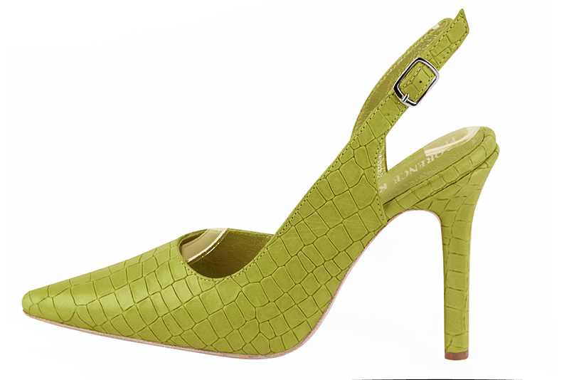 Pistachio green women's slingback shoes. Pointed toe. Very high slim heel. Profile view - Florence KOOIJMAN